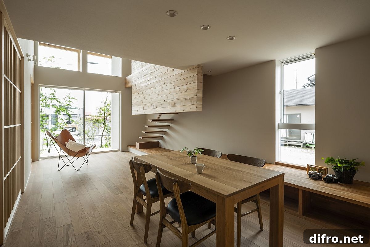 Dining area and kitchen under the mezzanine