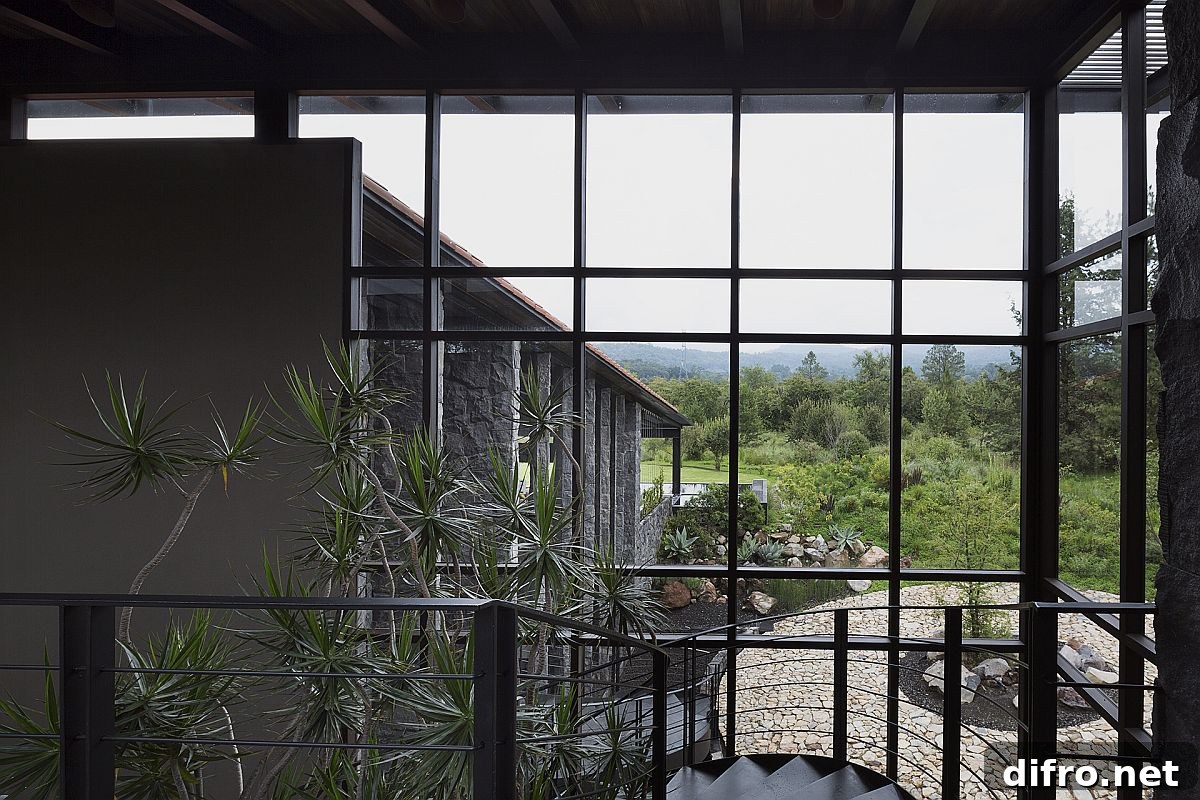 View of water feature and garden from the stairway