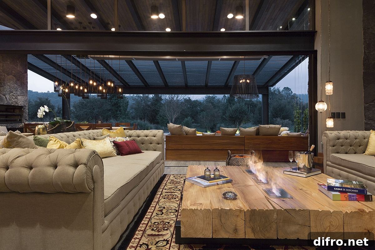 Coffee table with integrated fireplace in the living room