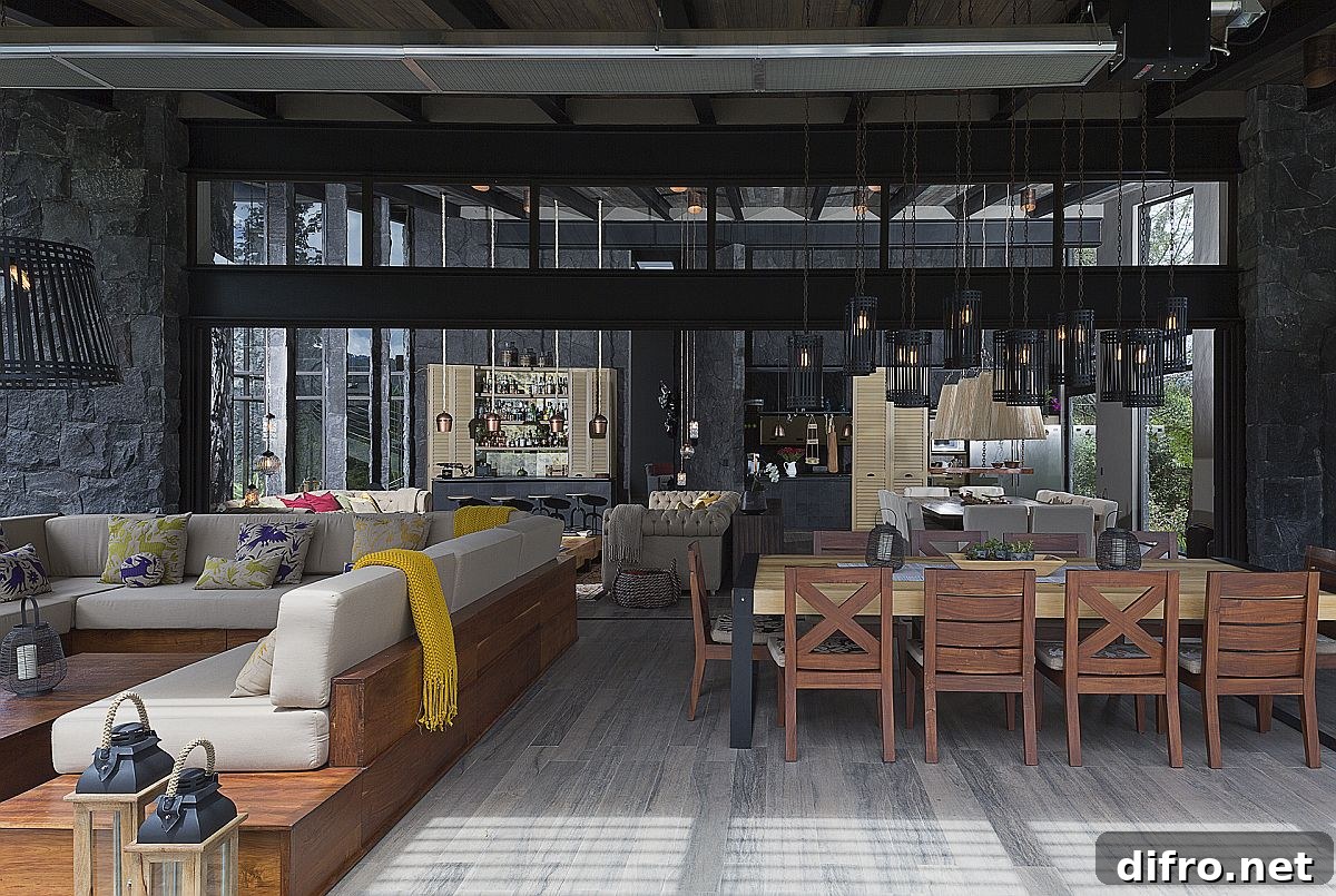 Spacious modern rustic living area with rich decor