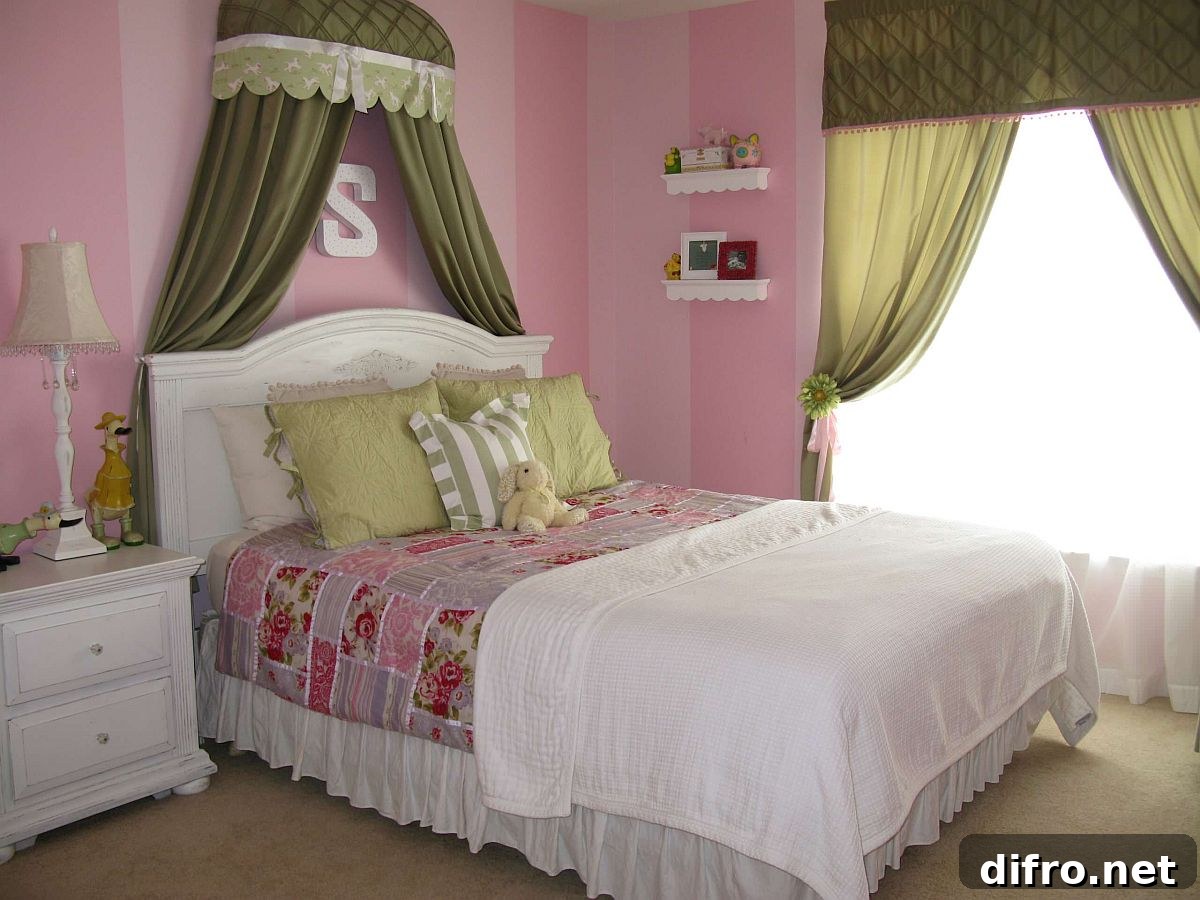 child's bedroom with dark olive green canopy 