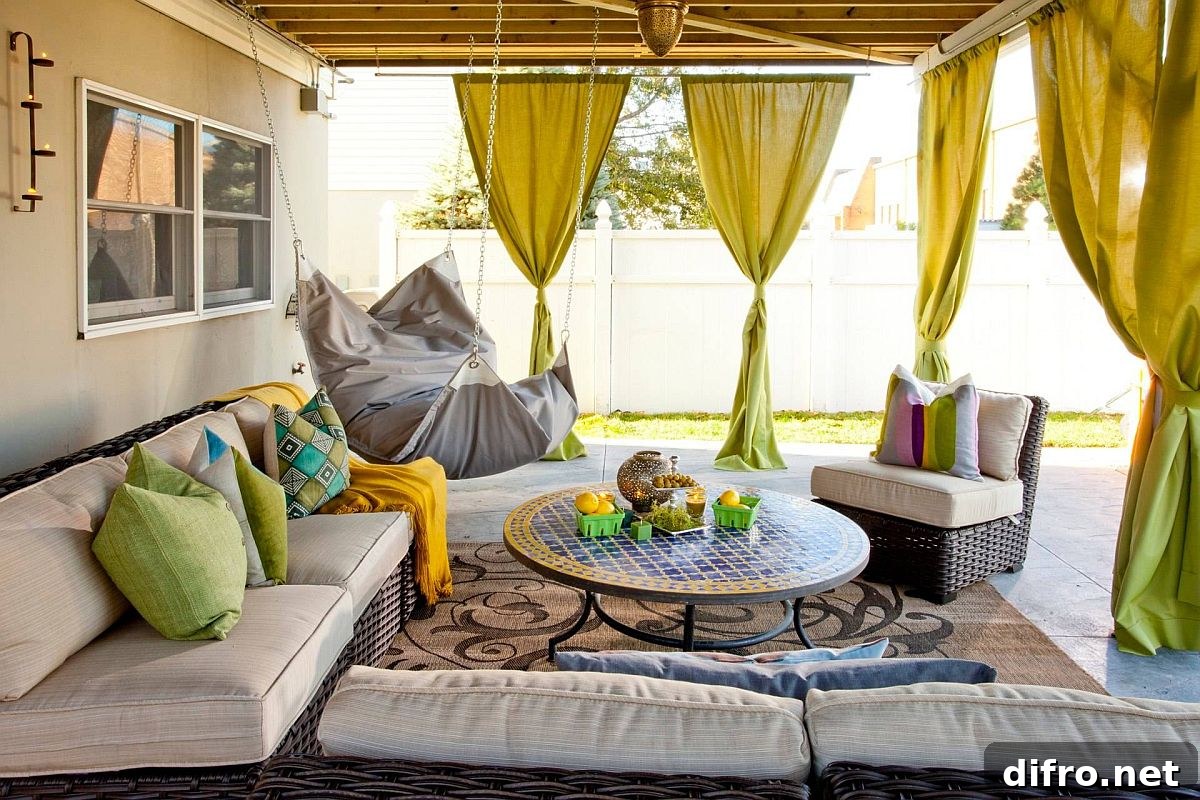 outdoor patio with lightweight olive green privacy drapes