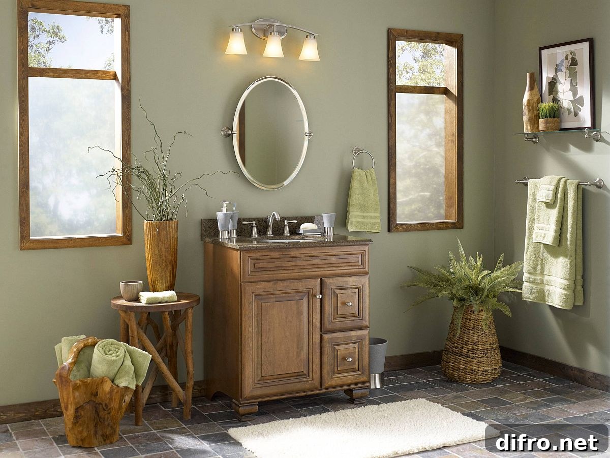 earth tones in bathroom with olive green walls