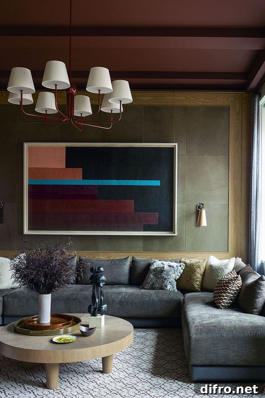 Living room with leather olive accent wall 