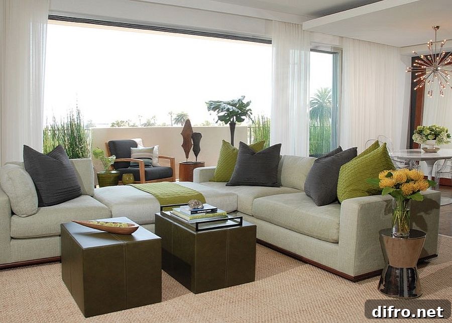 living room with different shades of green throughout