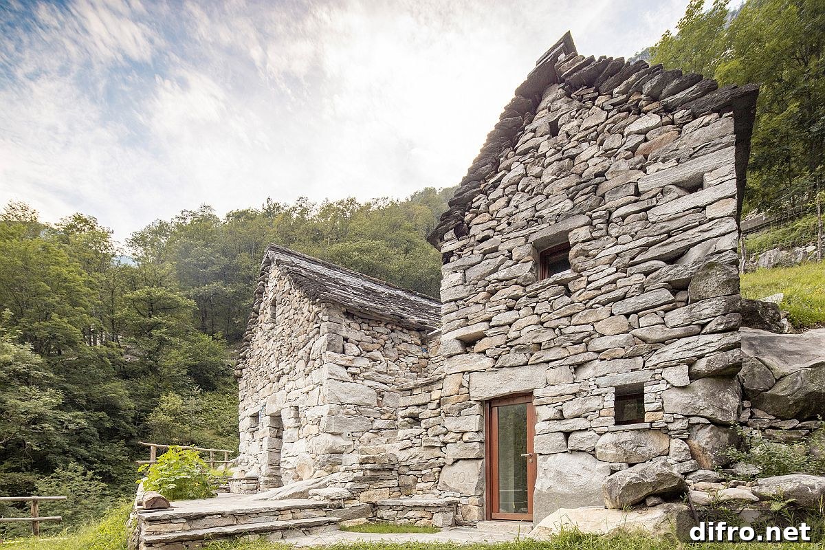 Historic stone walls of the converted animal barn