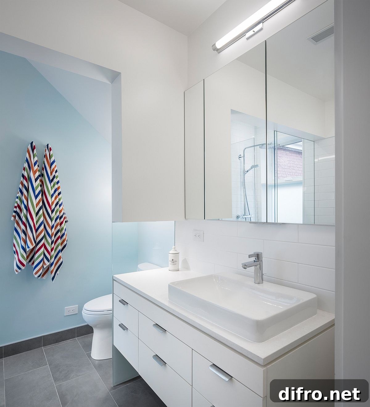 Contemporary bathroom in light blue and white