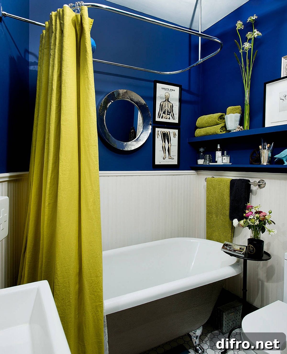 Modern eclectic blue and white bathroom with greenish-yellow accents