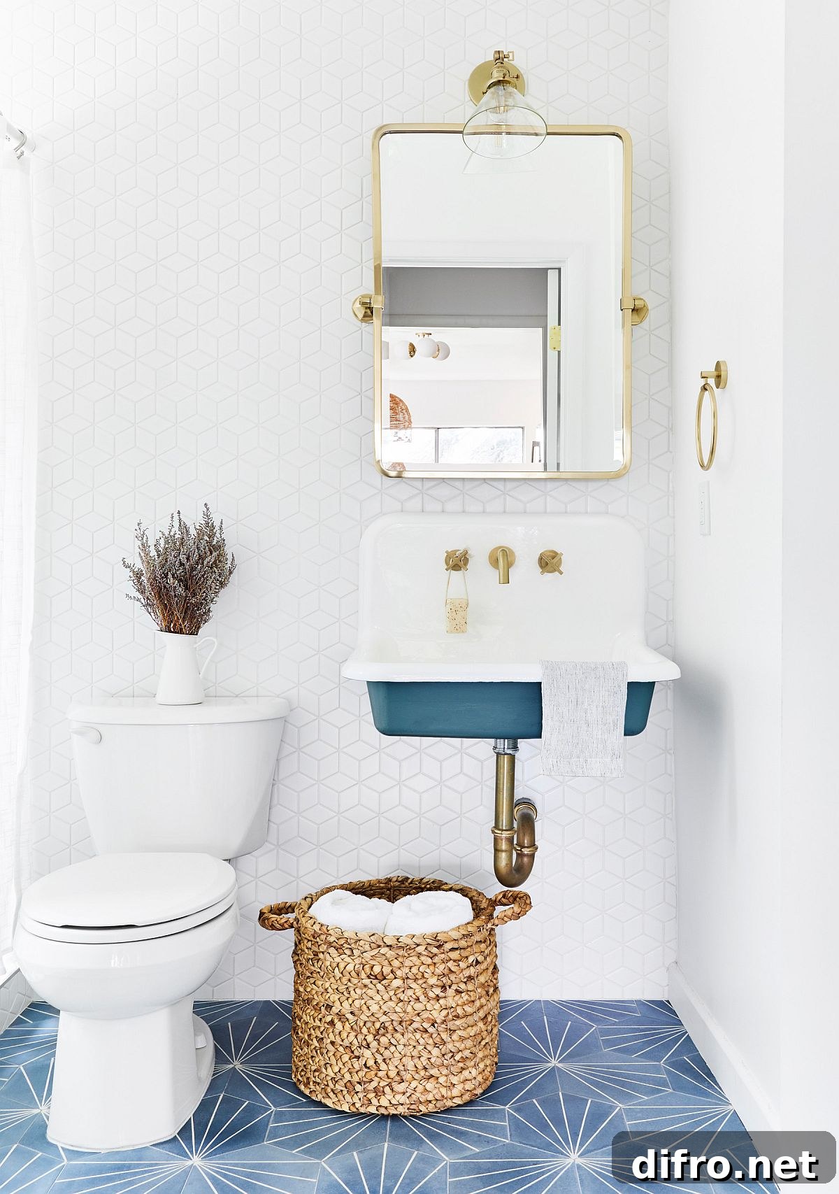 Floor tile adding depth and color to a small modern bathroom