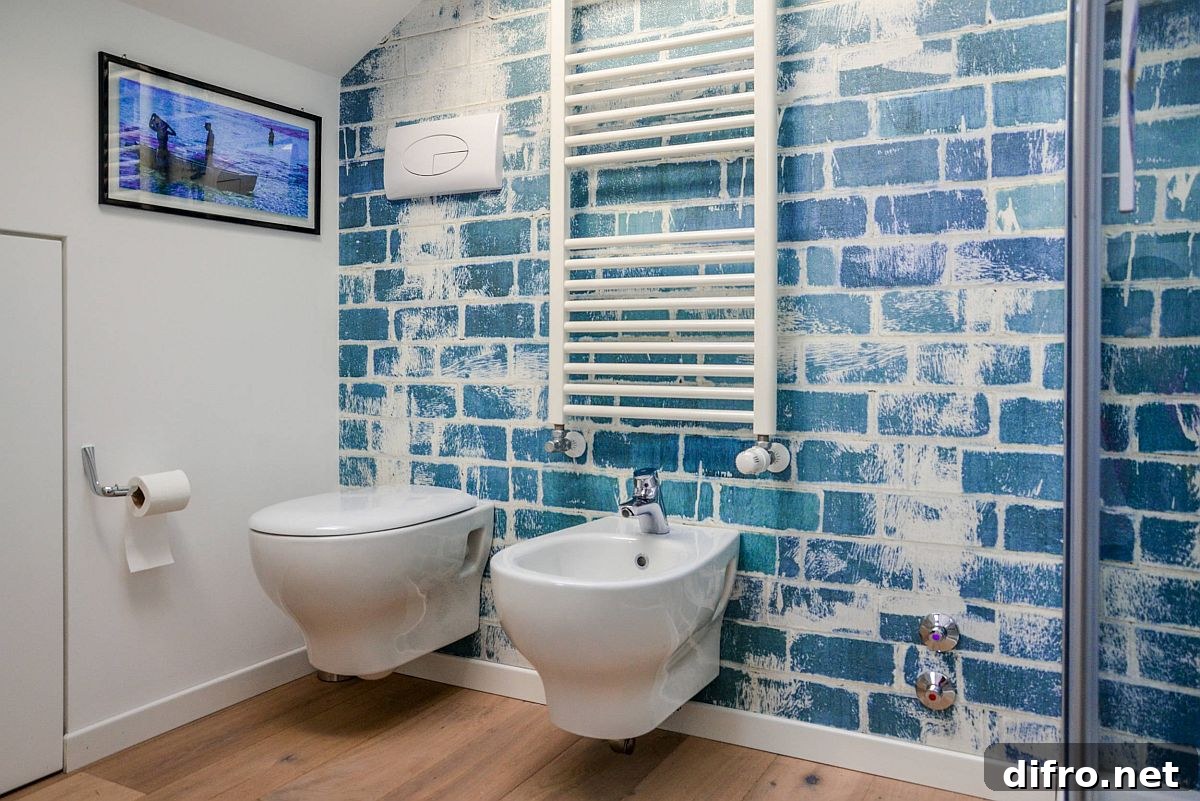 Tiny shabby chic bathroom with wallpapered backdrop