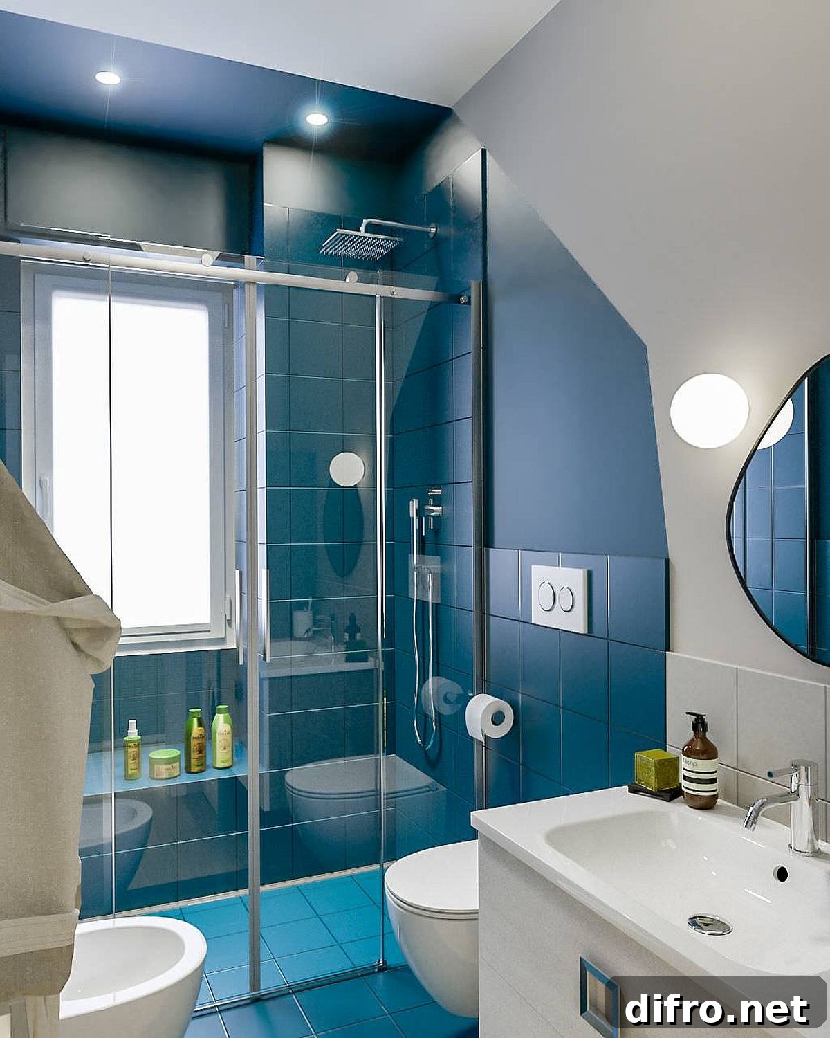 Classic blue accents in a contemporary bathroom
