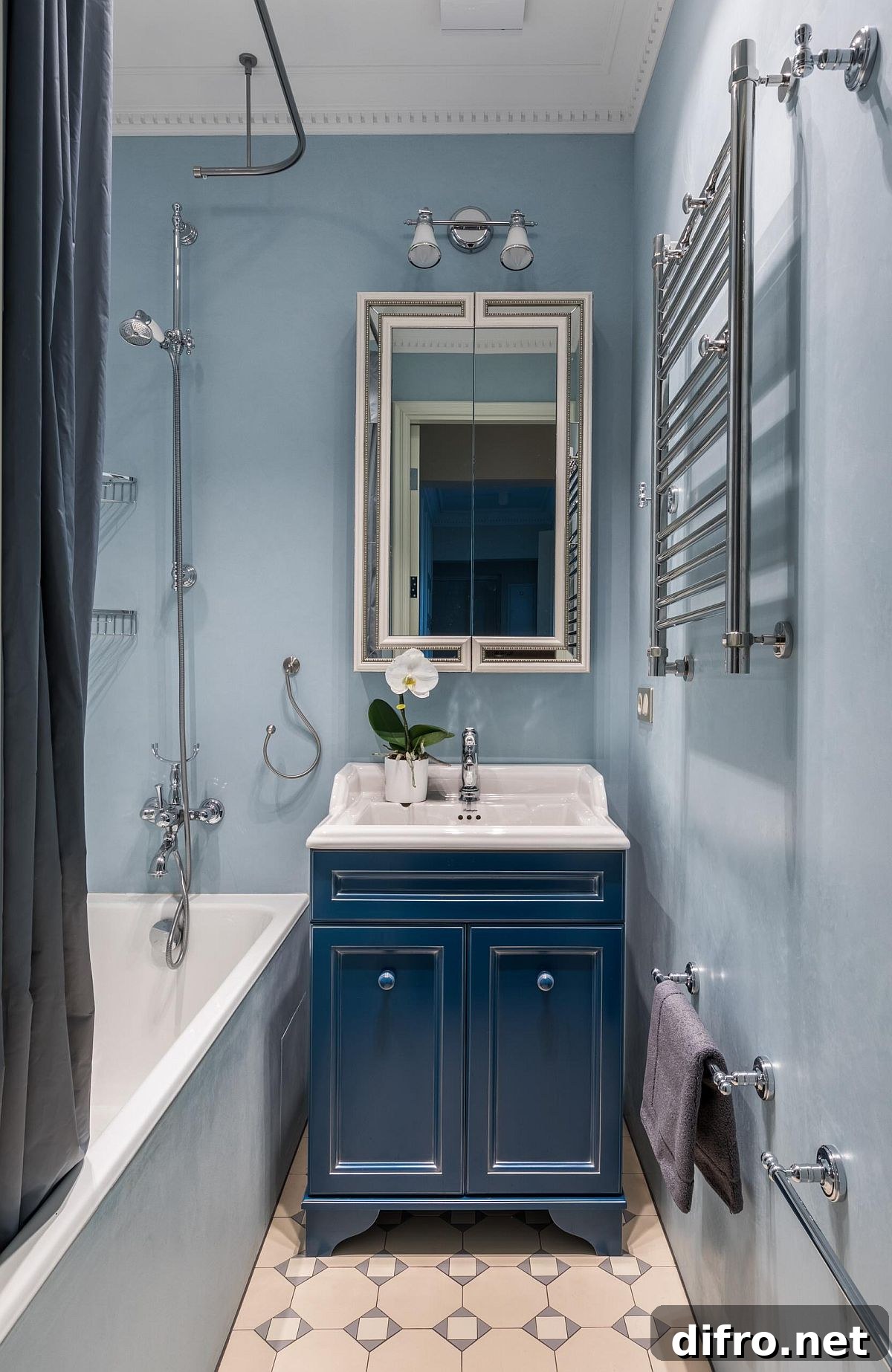 Small light blue and white bathroom with dark blue vanity