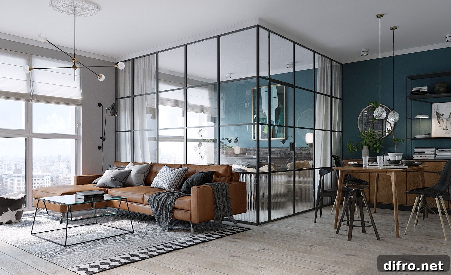Dark framed glass walls create the bedroom in this small Kiev apartment