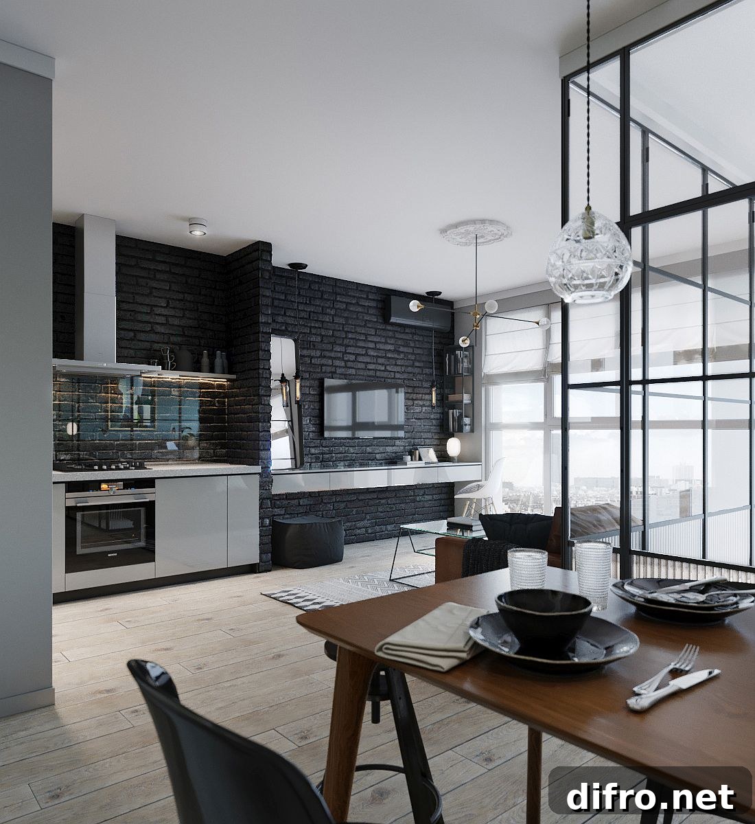 Single-wall kitchen, dining area and living room of the small Kiev Apartment