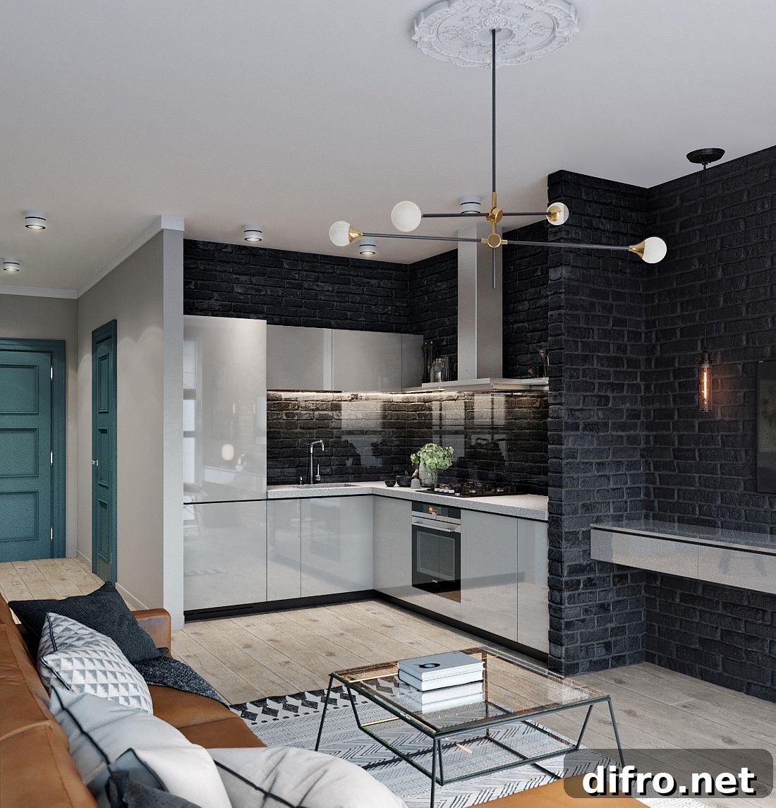 Dark brick walls create a lovely backdrop in this modern home