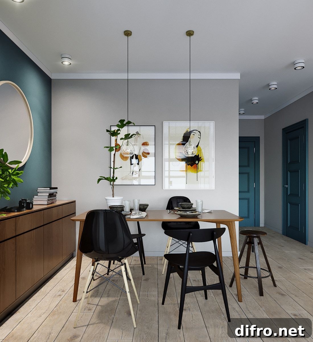 Dining room with a neutral color palette, blue accent wall and wooden storage unit