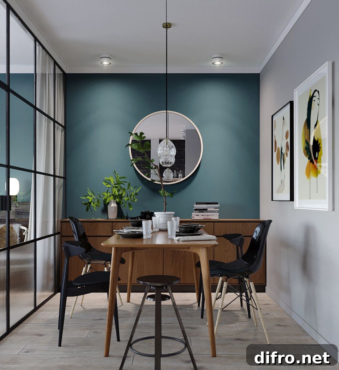 Bluish-green accent wall part of bedroom and living room
