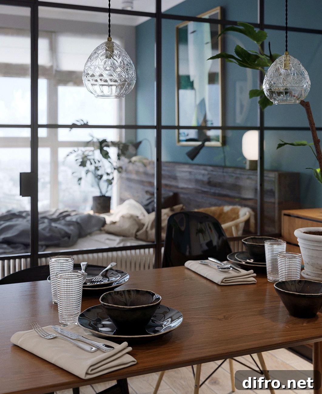 Simple and space-savvy dining area with wooden dining table next to the bedroom