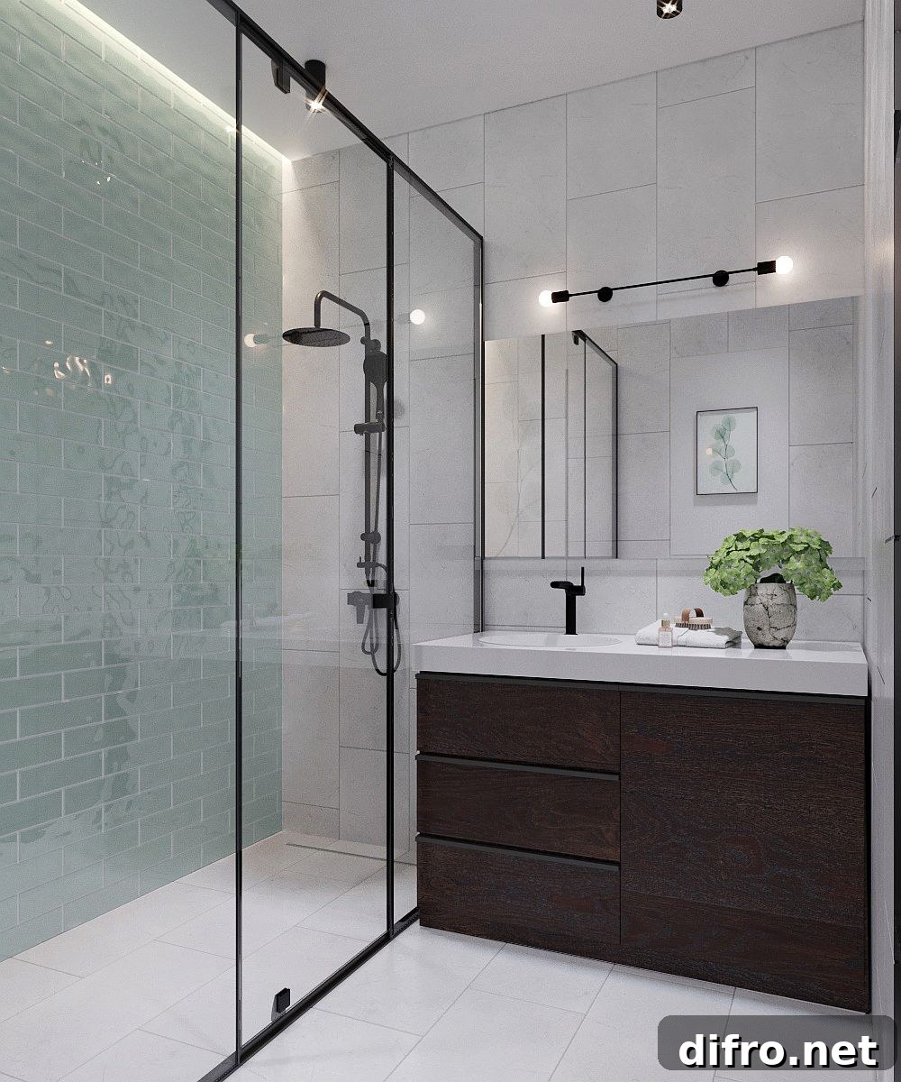 Bathroom in neutral hues with wooden vanity