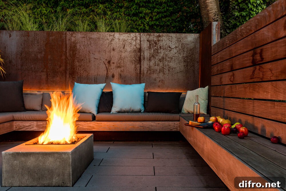 Cozy conversation pit with fireplace at its heart and a green wall all around