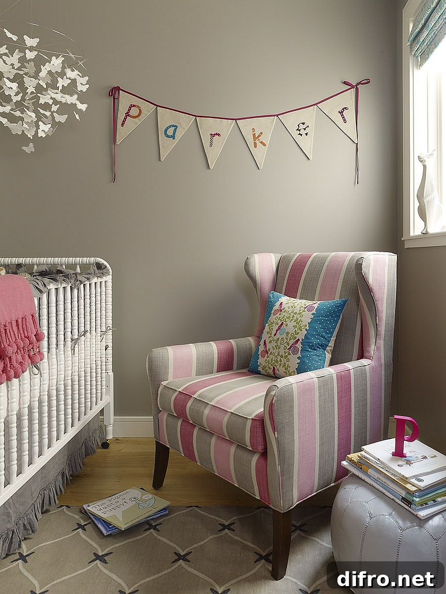 Custom striped chair adding color to a contemporary nursery