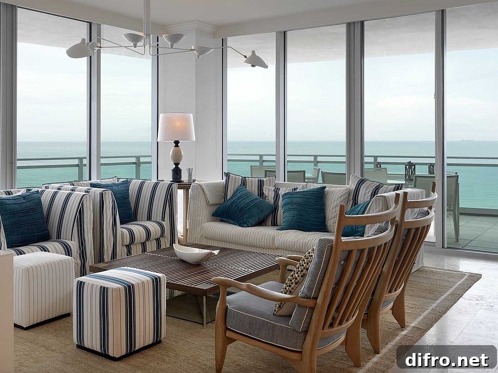 Striped ottomans paired with chairs in a contemporary living area