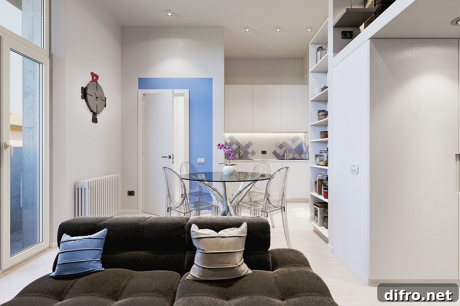 Just a dash of blue with accent wall feature and throw pillow adds color to the tiny interior