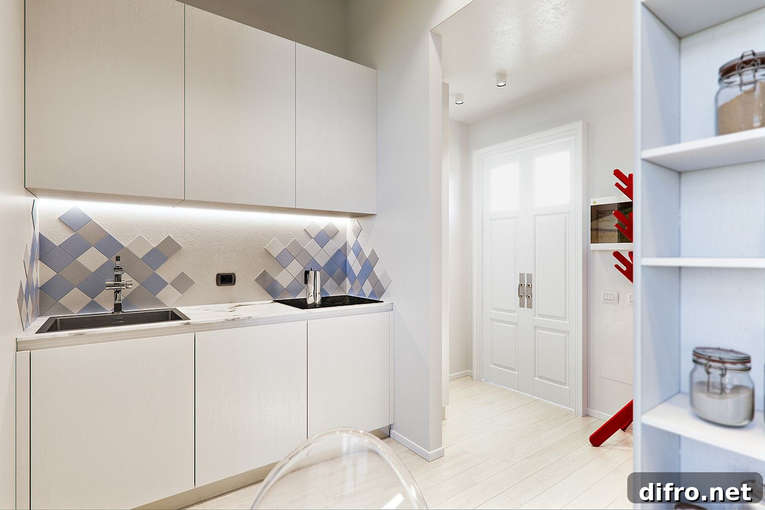 Small, monochromatic kitchen in white with an interesting backsplash that has blue and gray