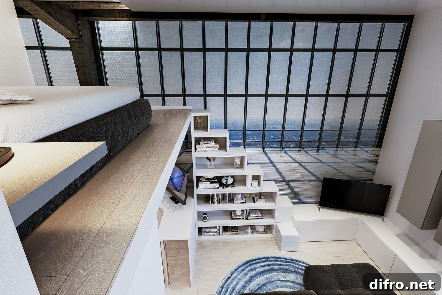 Staircase leading to the loft bedroom doubles as shelving unit