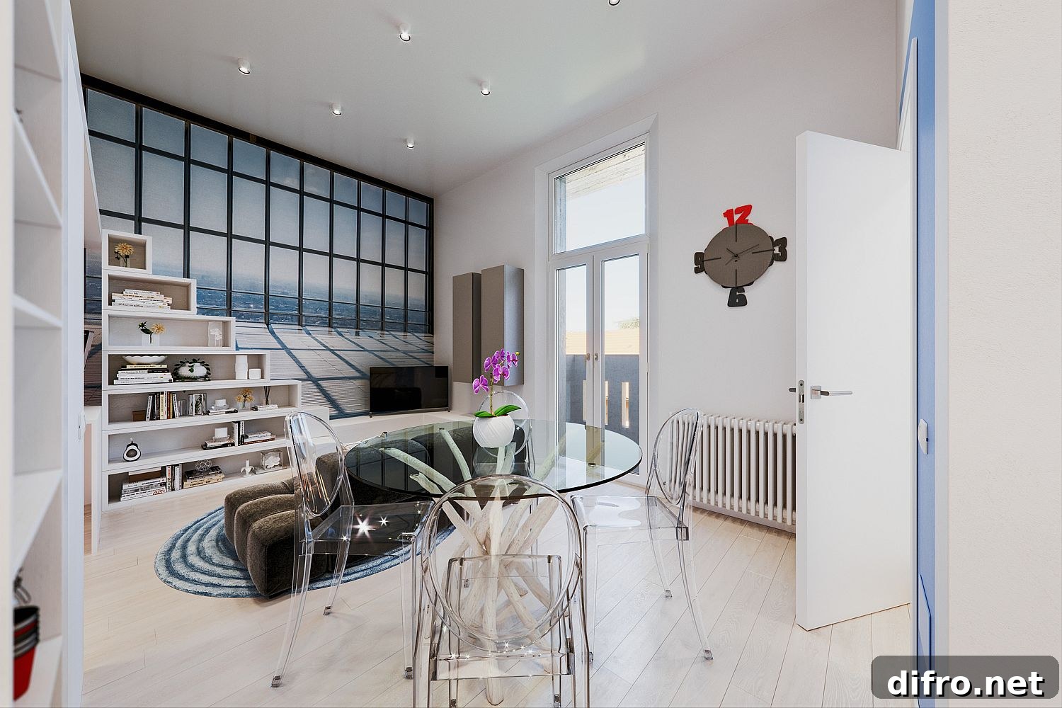 Acrylic chairs in the dining room add to the spacious design which is light and bright