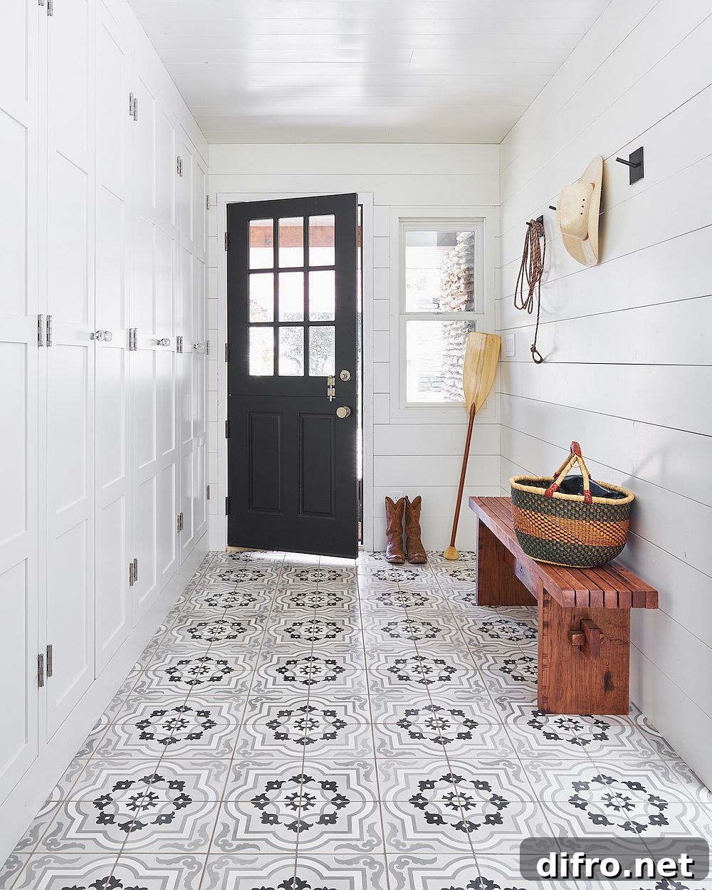 Patterned encaustic tile for the modern entry in white