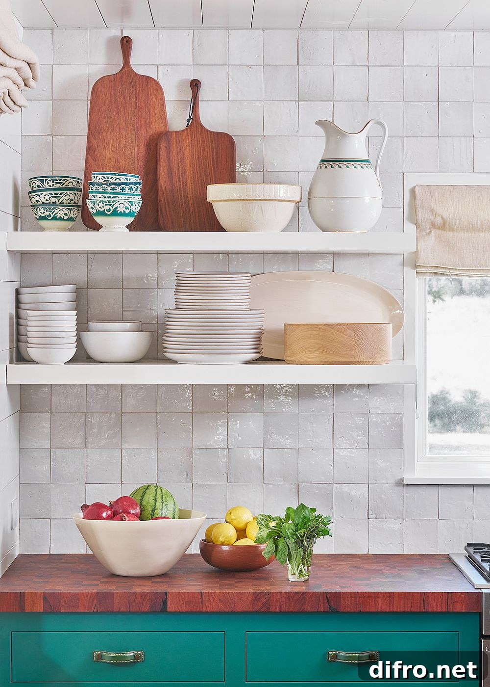 Floating shelves in the kitchen corner save space with ease