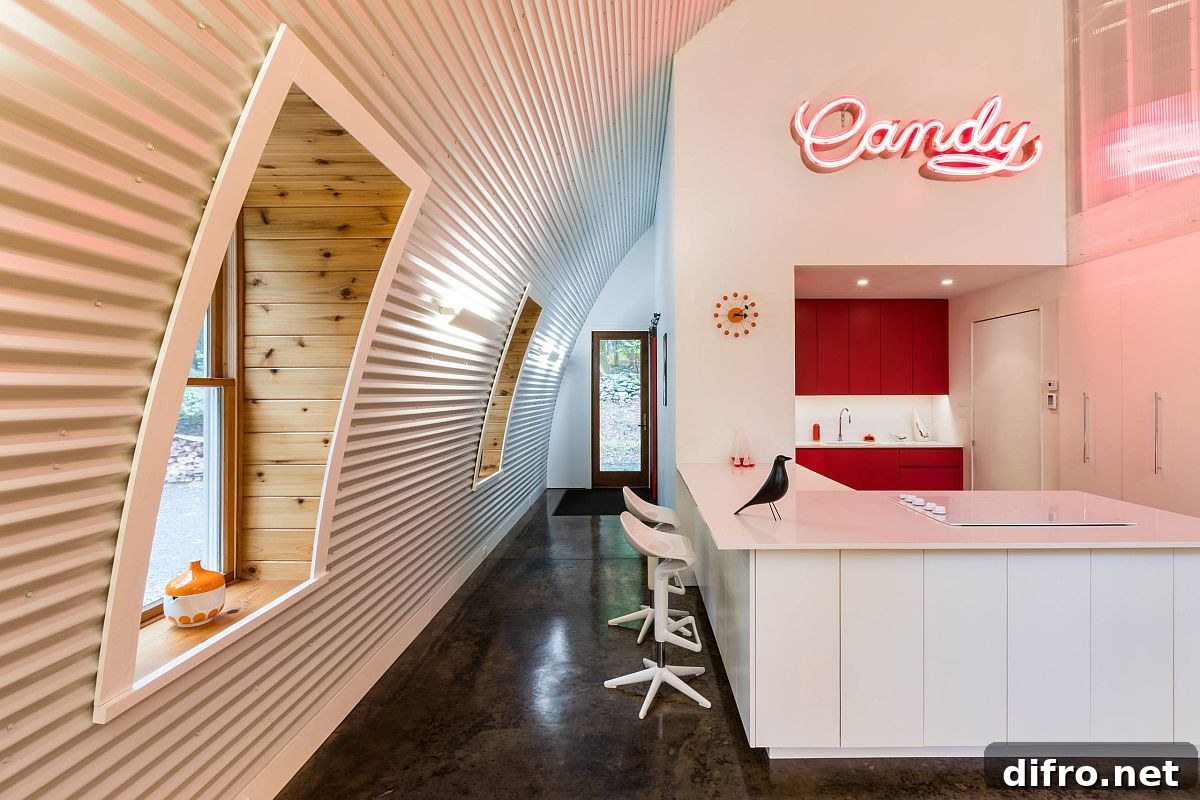 Modern industrial kitchen with a neon sign that lights up the entire space