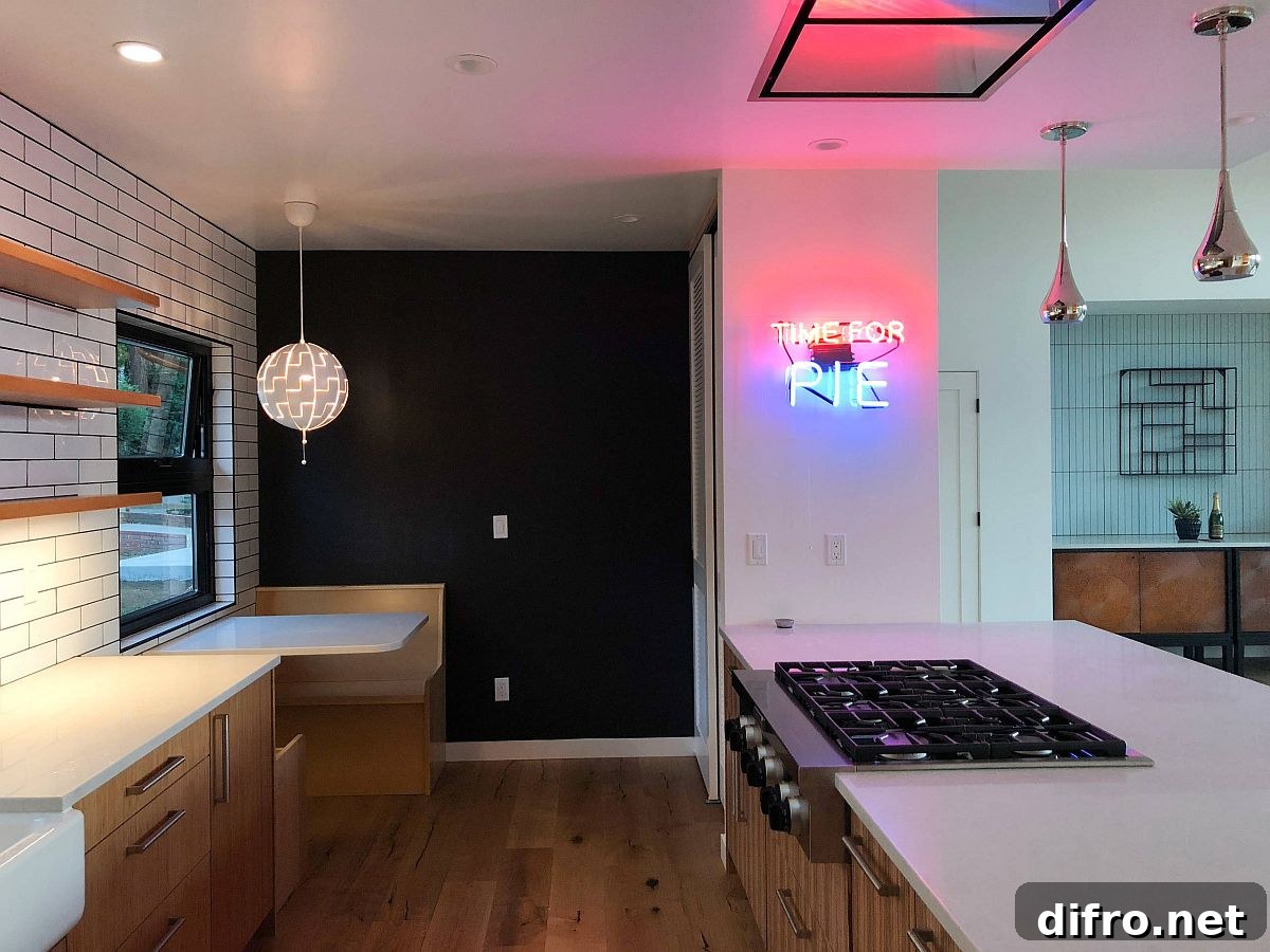 Dashing neon sign in the kitchen spells out 'time for pie'