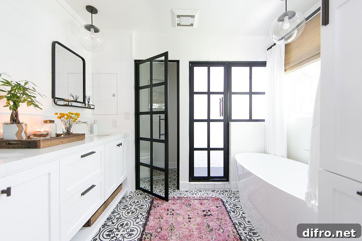 Modern white beach-style bathroom with a subtle pink rug