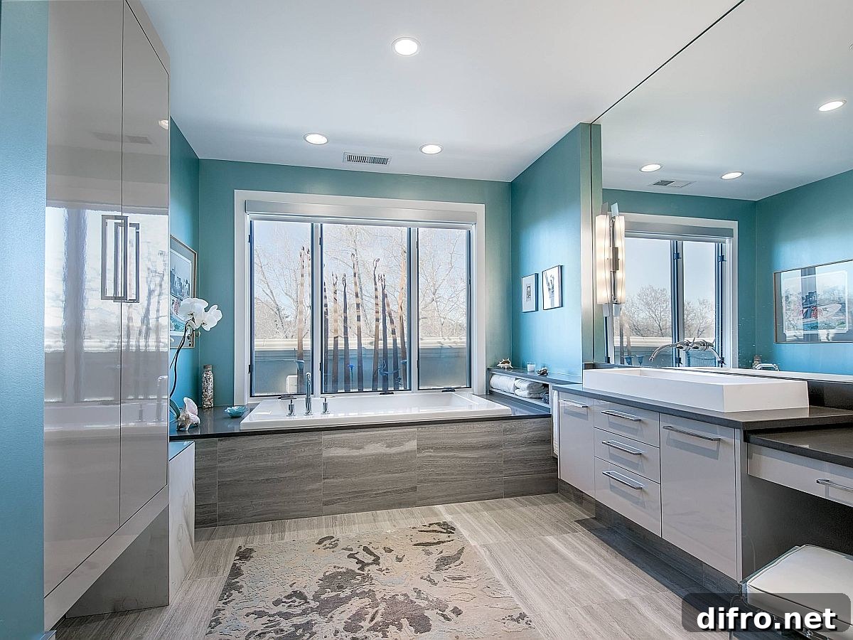 Light-filled gray and blue bathroom