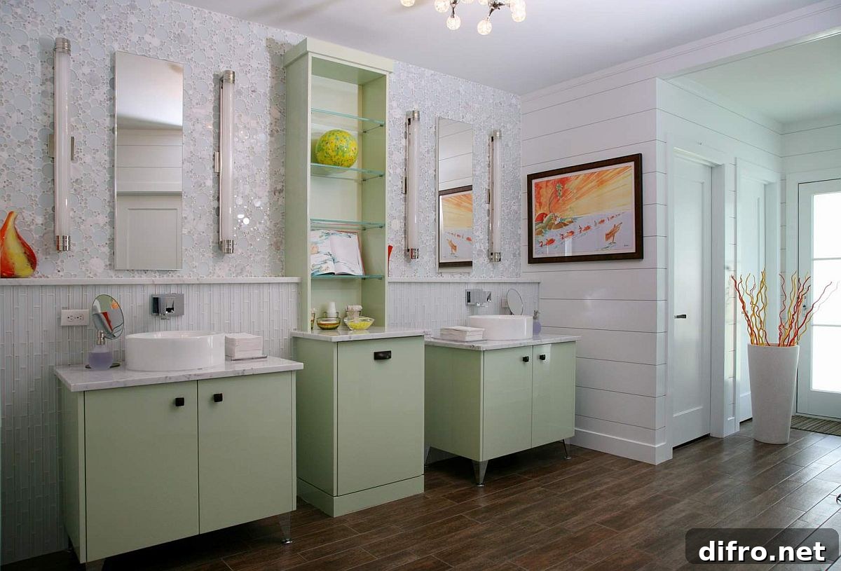 Pastel green vanity and open shelves in a white bathroom with wooden floor