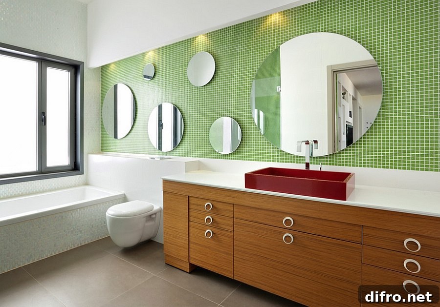 White and green bathroom with wooden accents