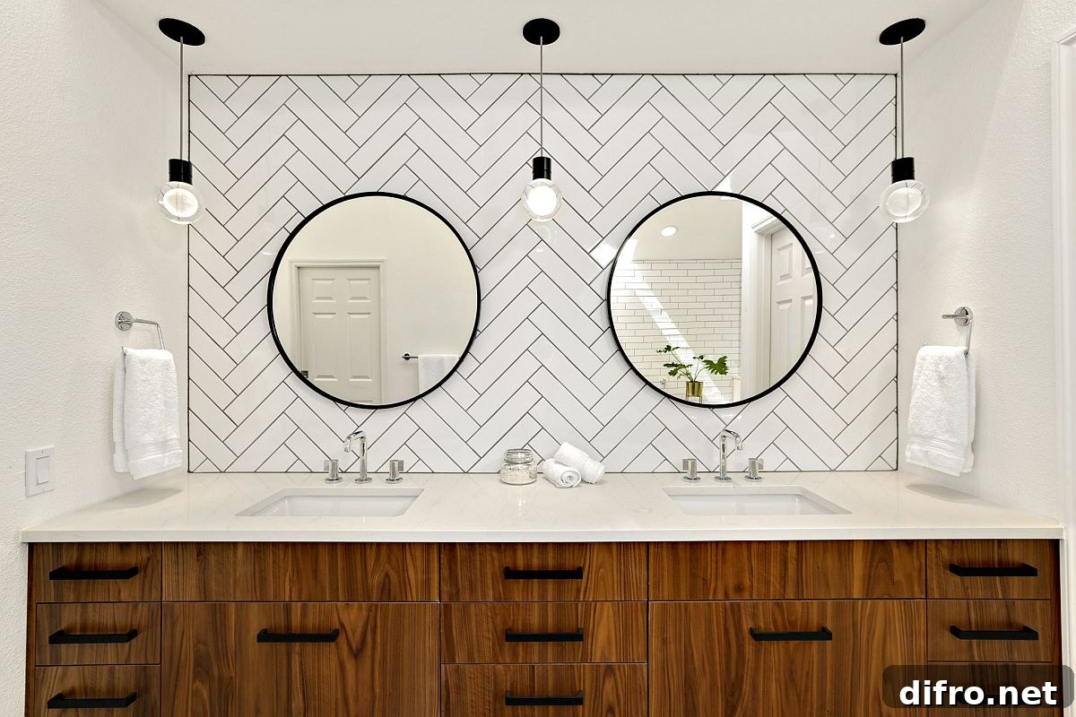 Modern bathroom with walnut vanity and Edison bulbs