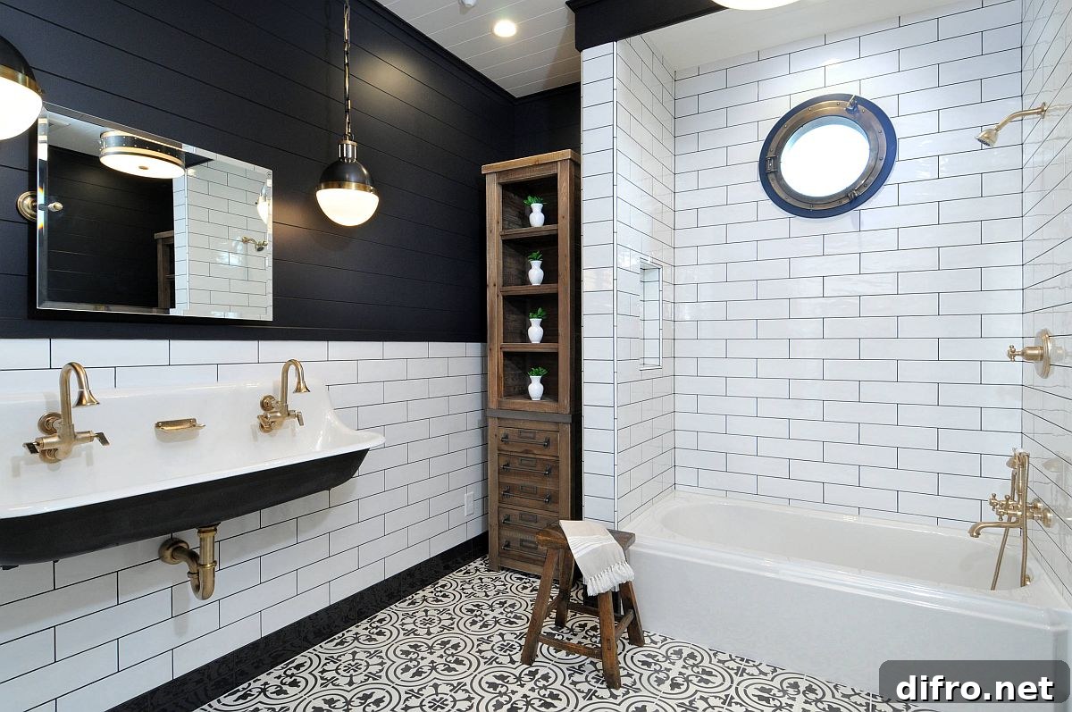 Black and white bathroom with wooden shelf and pendant lights