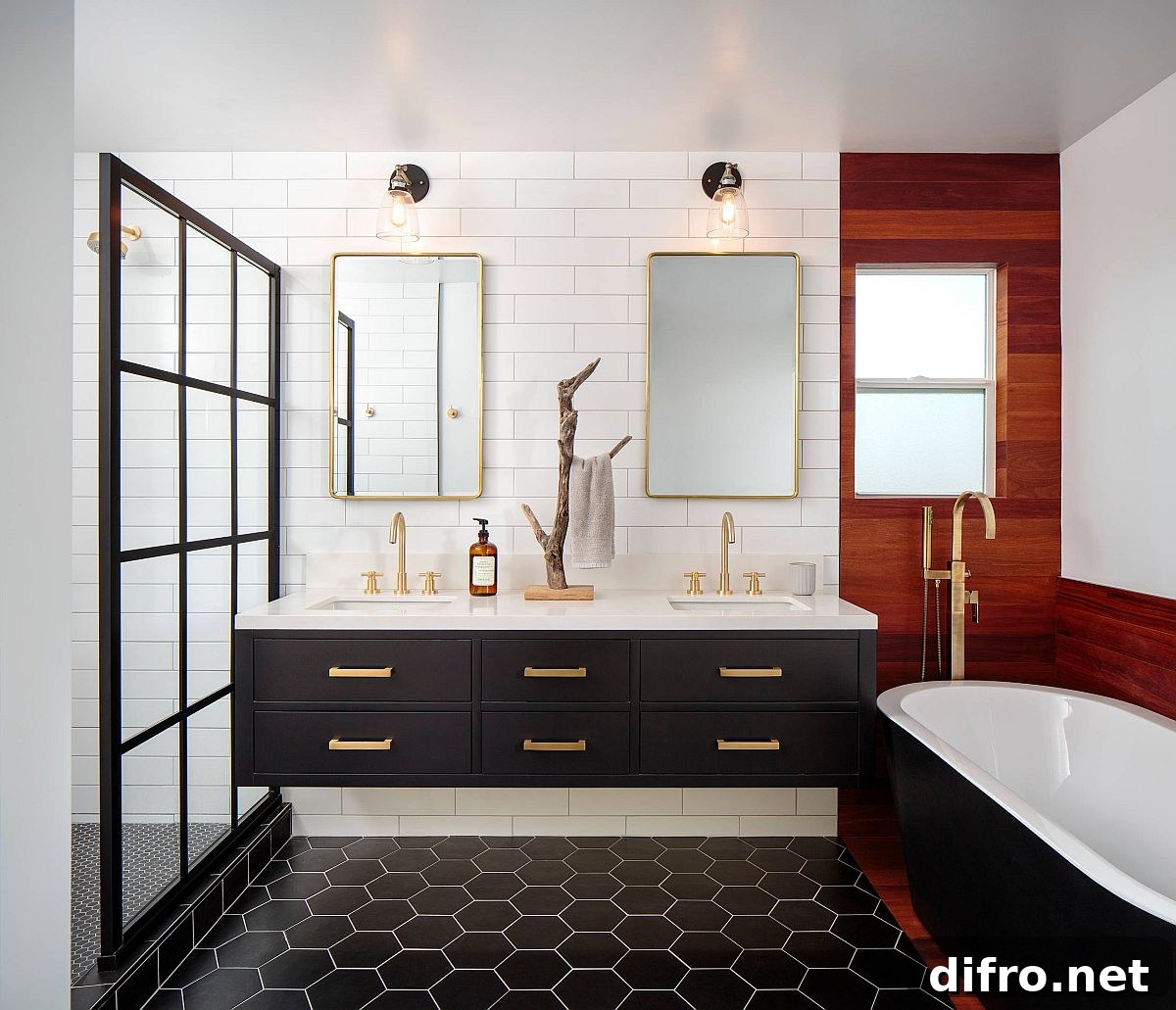 Master bathroom with brass fittings and wooden accents