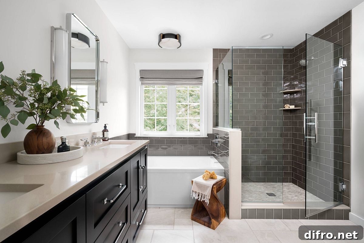 Wooden accent stool in a black-and-white bathroom