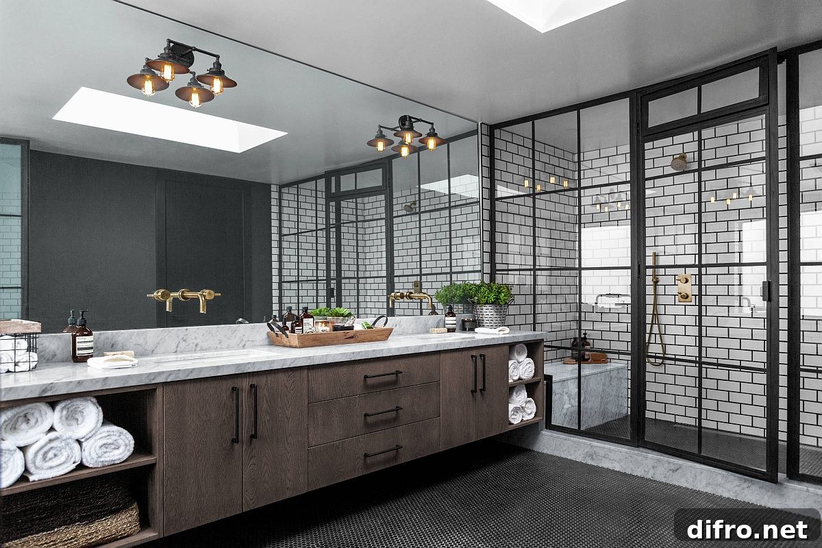 Industrial black-and-white bathroom with wooden vanity