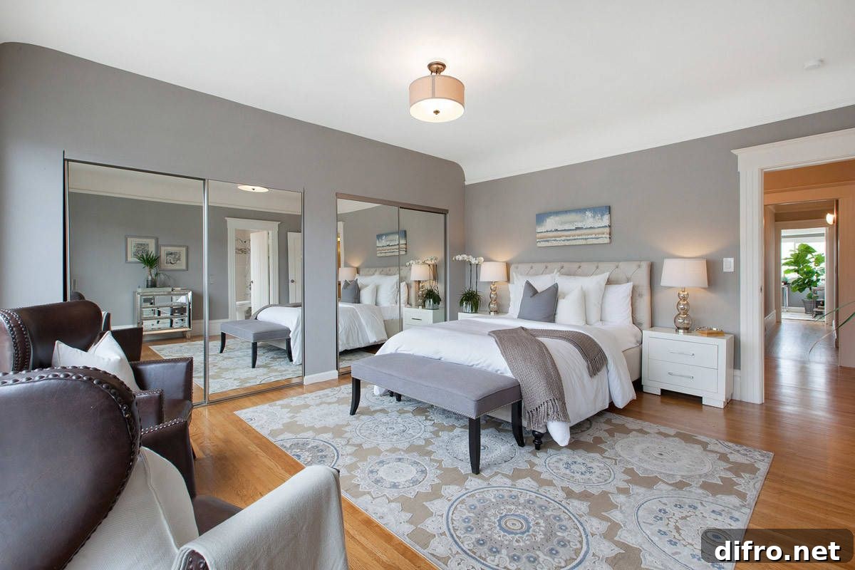 Modern bedroom in gray and white with mirrored closet doors and mirrored nightstand