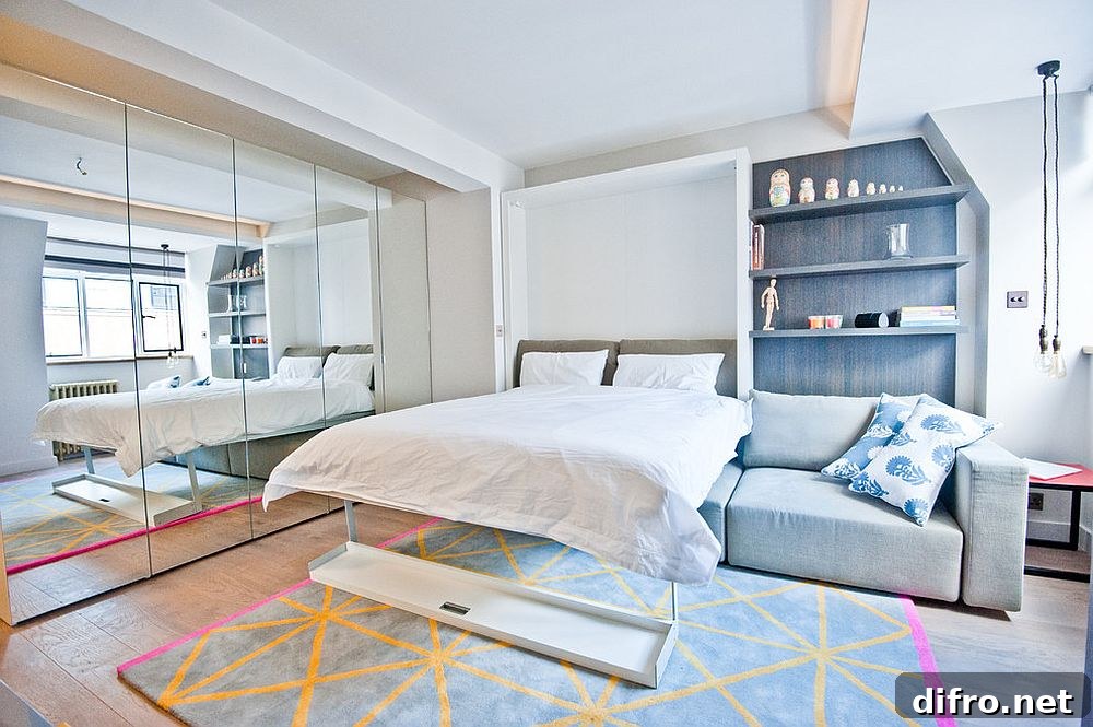 Minimal bedroom with mirrored wardrobe doors and a cheerful ambiance