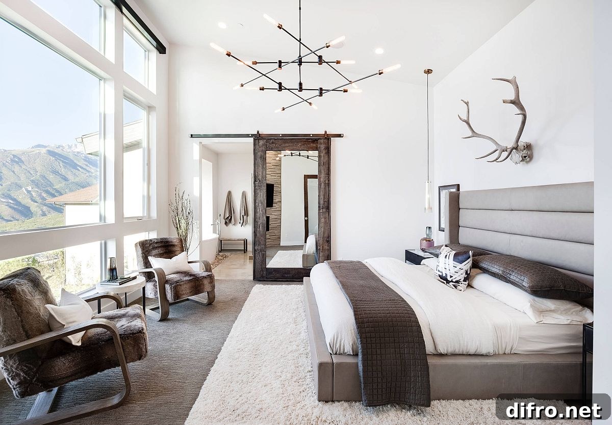 Sliding barn style door with mirrored finish for a modern rustic bedroom