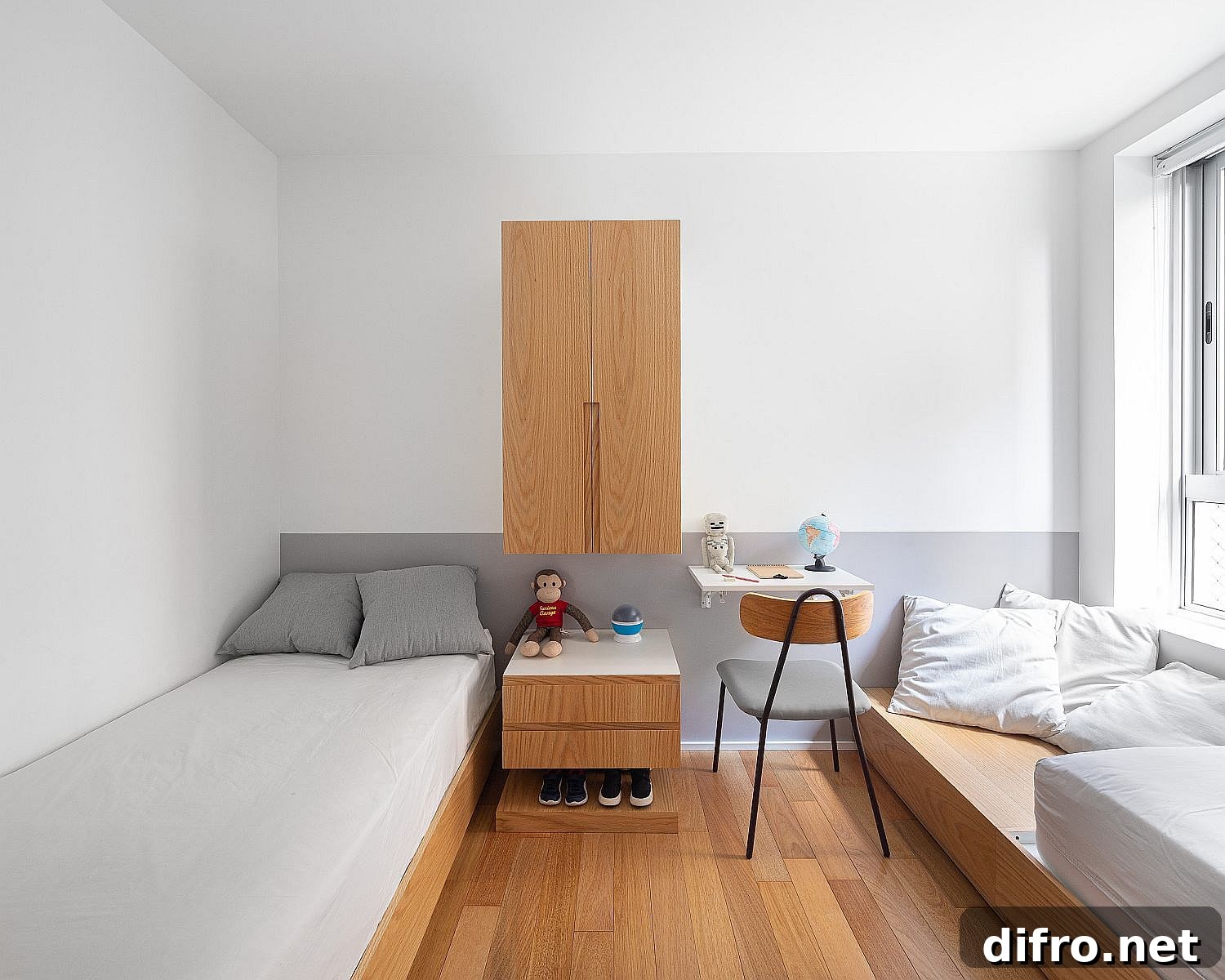 Kids' room with minimalist wooden beds and benches