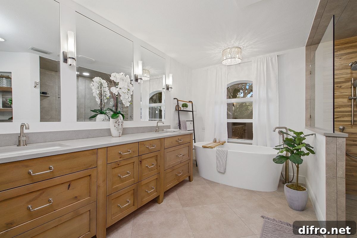 Contemporary white bathroom with wooden vanity and standalone bathtub