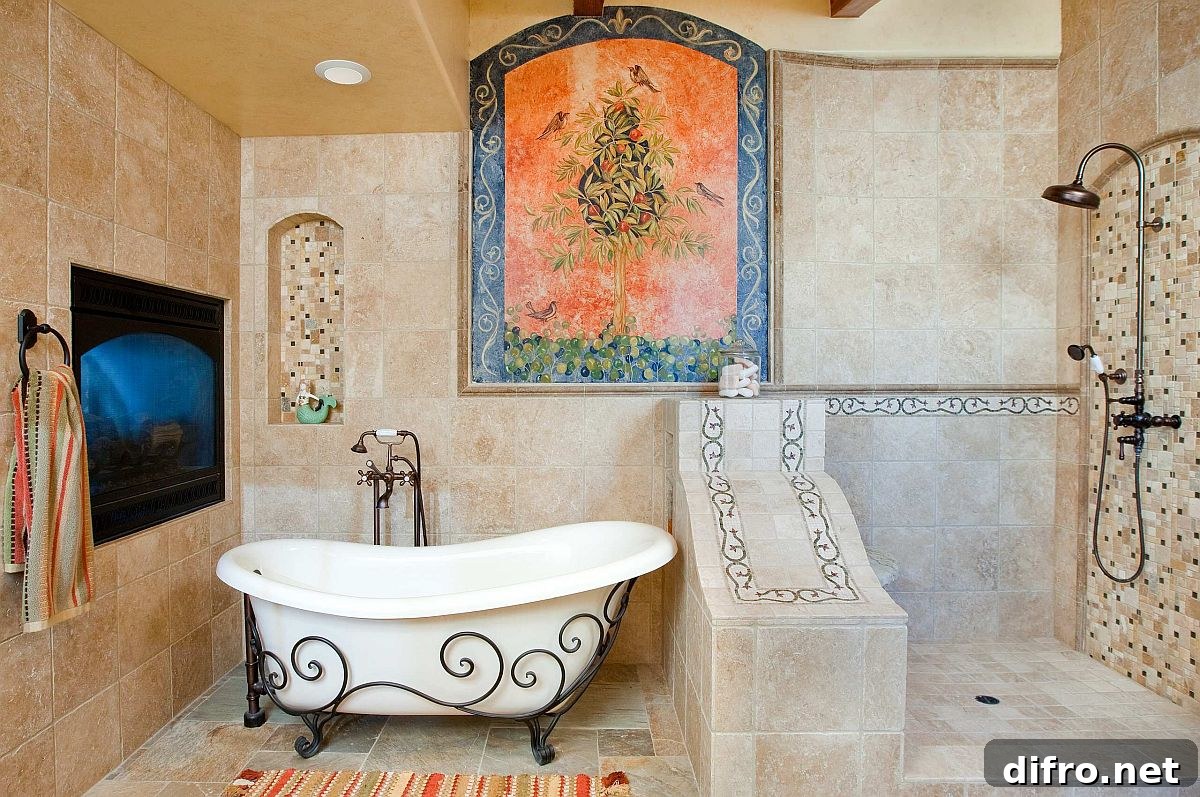 Tuscan bathroom with a bathtub that complements its style
