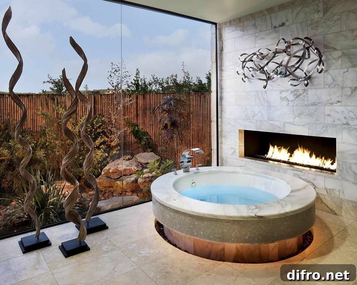 Opulent bathroom with fireplace